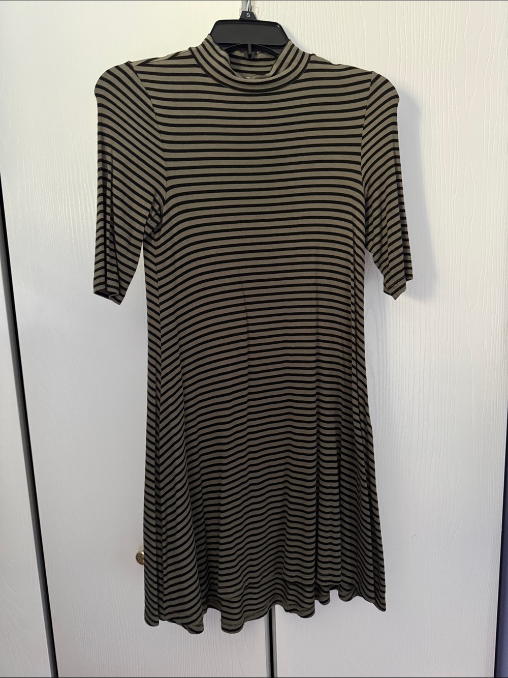 Charlotte Russe Olive and Black Striped Midi Mock Neck Dress